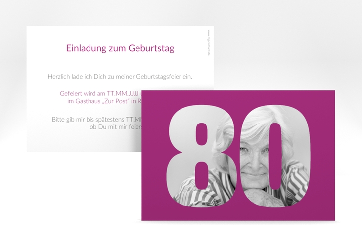 Einladung 80. Geburtstag Numbers A6 Karte quer pink hochglanz