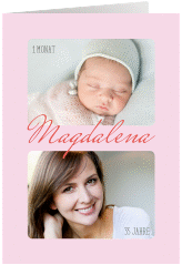 Einladung Geburtstag Zeitlos A6 Klappkarte hoch rosa mit Damals- und Heute-Fotos