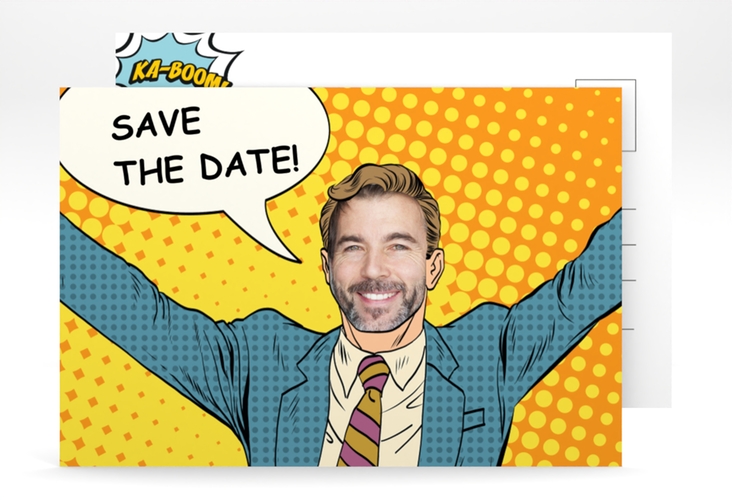 Save the Date-Postkarte Geburtstag Popart Man A6 Postkarte