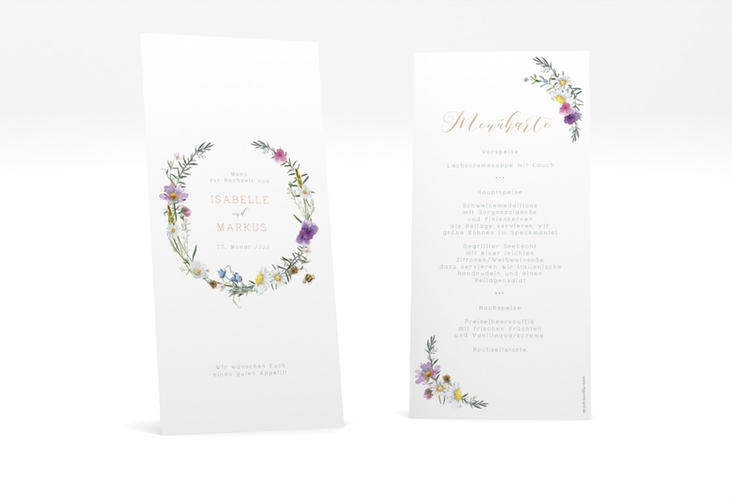 Menükarte Hochzeit Blumengarten lange Karte hoch mit Blumenkranz und Hummel