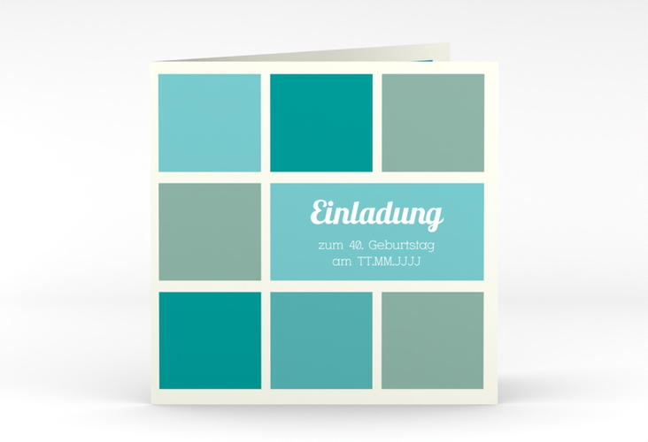 Einladung 40. Geburtstag Daniel/Daniela quadr. Klappkarte tuerkis in Retro-Farben