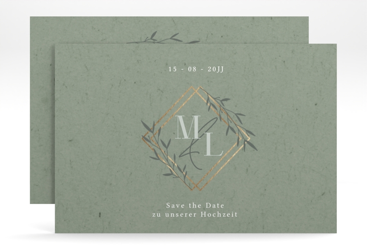 Save the Date-Karte Greenletter A6 Karte quer mit Initialen in elegantem Goldrahmen mit Blättern