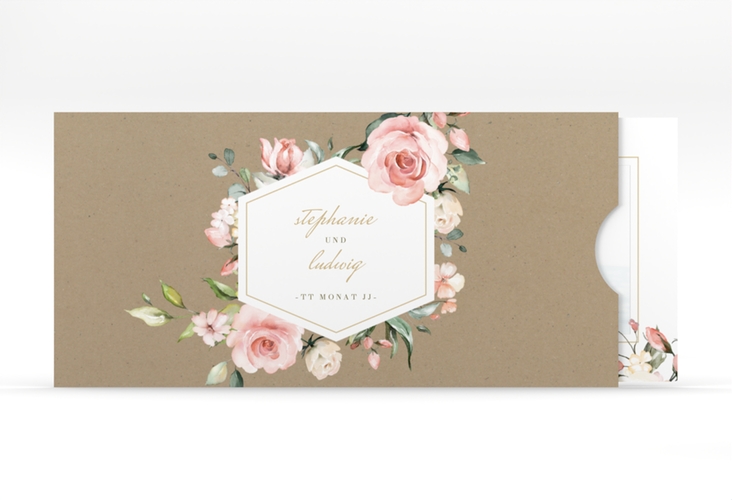 Hochzeitseinladung Graceful Einsteckkarte Kraftpapier mit Rosenblüten in Rosa und Weiß