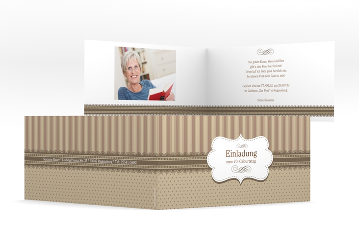 Einladung 70. Geburtstag Heinrich/Henriette lange Klappkarte quer braun mit frechen Polka Dots