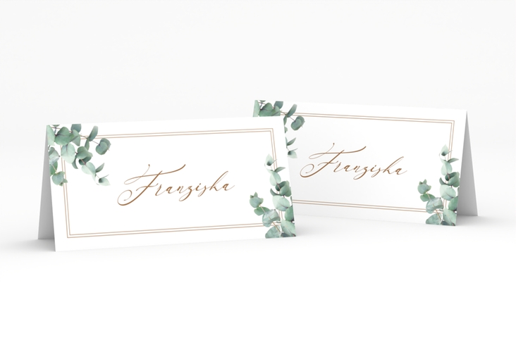 Tischkarte Hochzeit Eucalypt Tischkarten weiss hochglanz mit Eukalyptus und edlem Rahmen