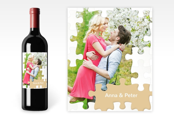Weinetikett zur Hochzeit Puzzle Etikett Weinflasche 4er Set beige