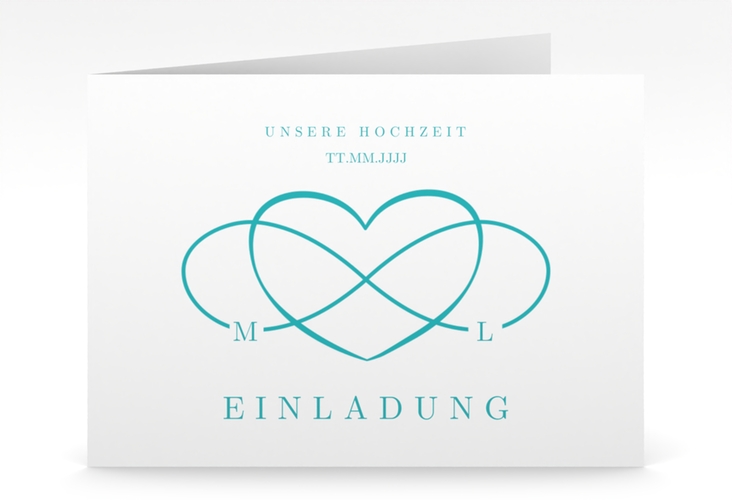 Hochzeitseinladung Infinity mittlere Klappkarte quer tuerkis hochglanz