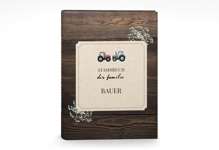 Stammbuch A5 Bauernhochzeit Stammbuch A5 in rustikaler Holz-Optik mit Schleierkraut und zwei kleinen Traktoren