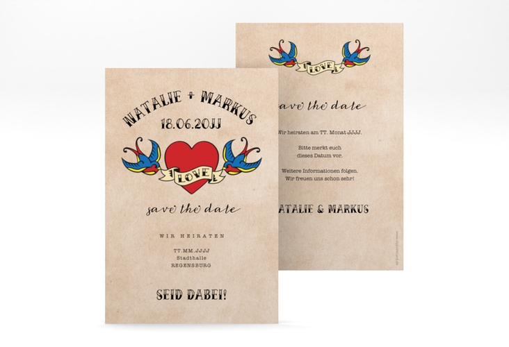 Save the Date-Karte Tattoo A6 Karte hoch mit Herz und zwei Schwalben