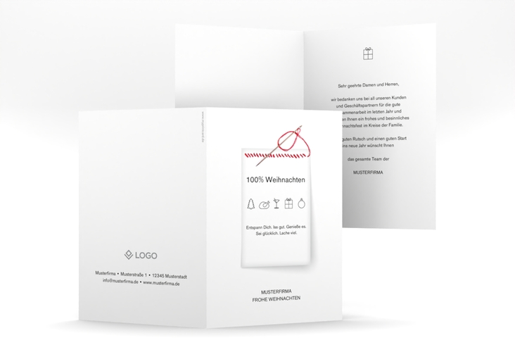 Geschäftliche Weihnachtskarte Weihnachtshinweis A6 Klappkarte hoch weiss hochglanz lustig im Waschzettel-Design mit Icons