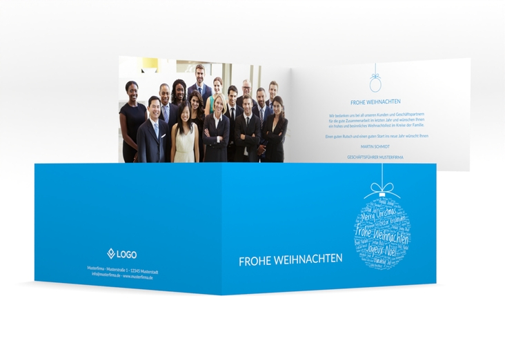 Geschäftliche Weihnachtskarte Wunderkugel lange Klappkarte quer blau schlicht mit Weihnachtskugel