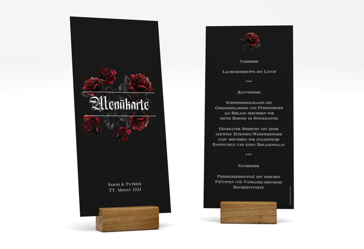 Menükarte Hochzeit Gothic Rose lange Karte hoch