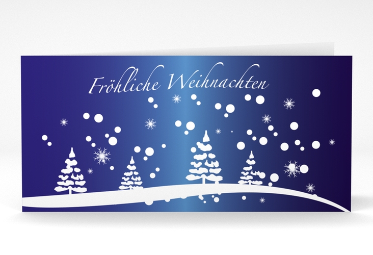 Geschäftliche Weihnachtskarte Tannen lange Klappkarte quer blau hochglanz