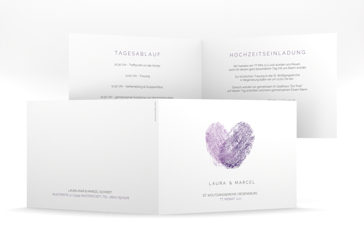 Hochzeitseinladung Fingerprint mittlere Klappkarte quer lila schlicht mit Fingerabdruck-Motiv
