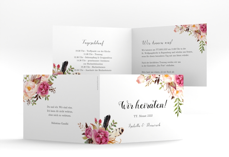 Hochzeitseinladung Flowers A6 Klappkarte quer weiss hochglanz mit bunten Aquarell-Blumen