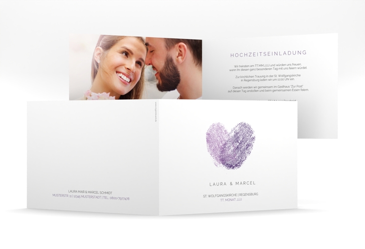 Hochzeitseinladung Fingerprint mittlere Klappkarte quer lila hochglanz schlicht mit Fingerabdruck-Motiv