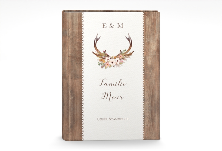 Stammbuch A5 Heimatjuwel Stammbuch A5 braun mit Hirschgeweih und Holz-Hintergrund