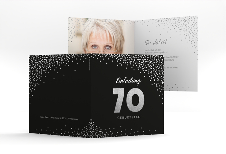 Einladung 70. Geburtstag Glitzer quadr. Klappkarte grau