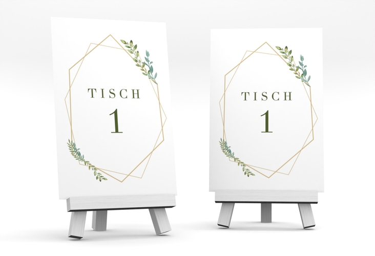 Tischnummer Hochzeit Herbarium Tischaufsteller gold mit geometrischem Rahmen und Blätter-Dekor