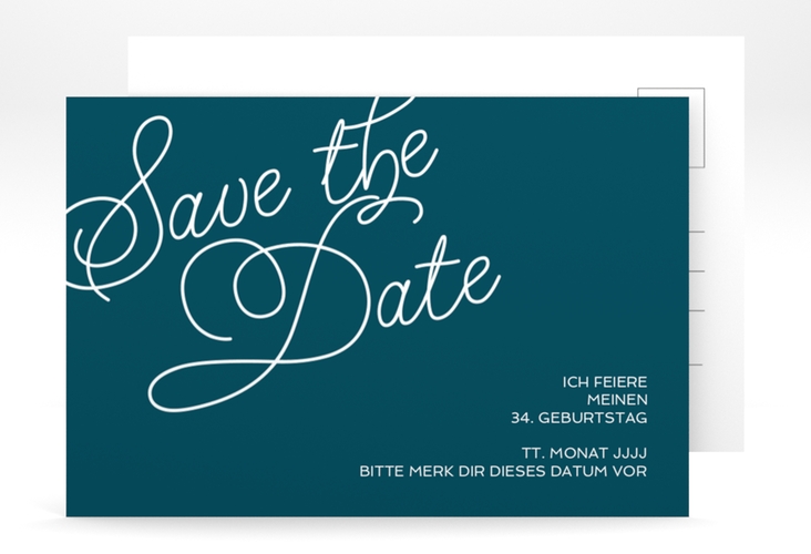 Save the Date-Postkarte Geburtstag Schwungvoll A6 Postkarte blau hochglanz