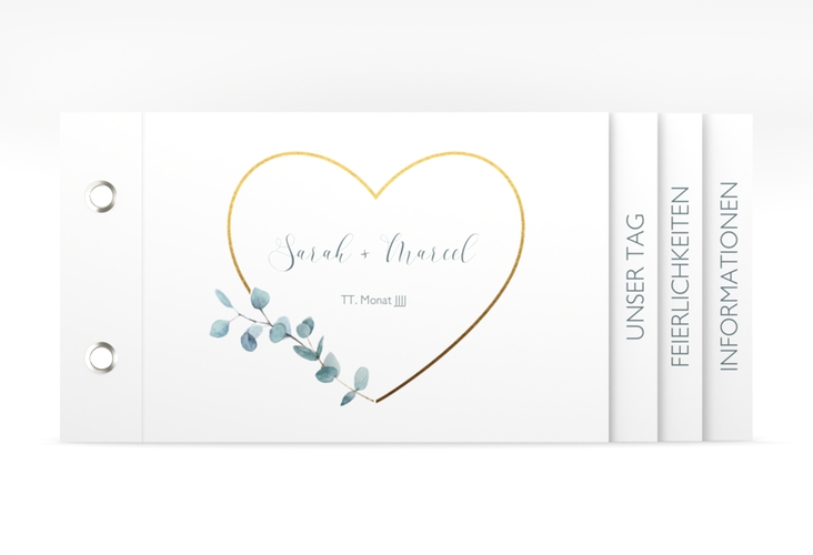 Hochzeitseinladung Greenheart Booklet gold mit elegantem Herz und Eukalyptus-Zweig