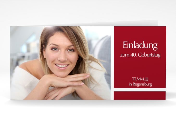 Einladung 40. Geburtstag Gerd/Gerda lange Klappkarte quer rot mit Foto