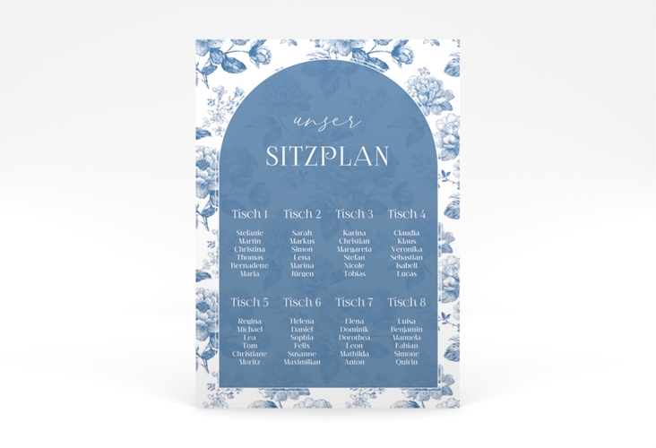 Sitzplan Poster Hochzeit Blue Floral 50 x 70 cm Poster blau mit blauem Blumenmuster auf weißem Grund