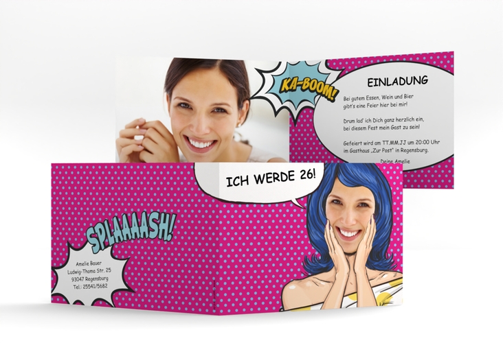 Einladung Geburtstag Popart Woman A6 Klappkarte quer