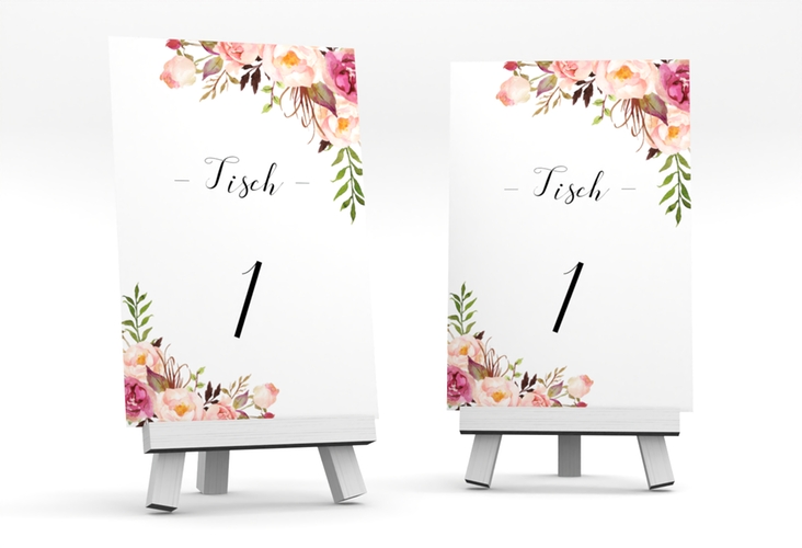Tischnummer Hochzeit Flowers Tischaufsteller weiss mit bunten Aquarell-Blumen