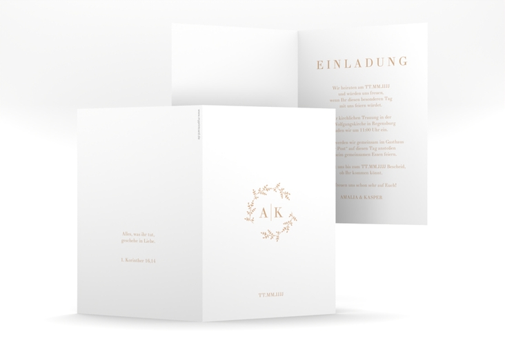 Einladungskarte Hochzeit Filigrana A6 Klappkarte hoch beige in reduziertem Design mit Initialen und zartem Blätterkranz