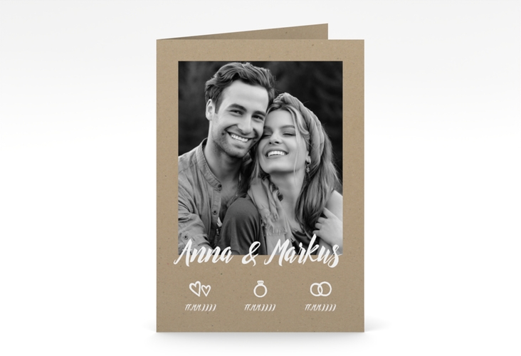 Einladungskarte Hochzeit Icons A6 Klappkarte hoch Kraftpapier im Kraftpapier-Look mit Foto