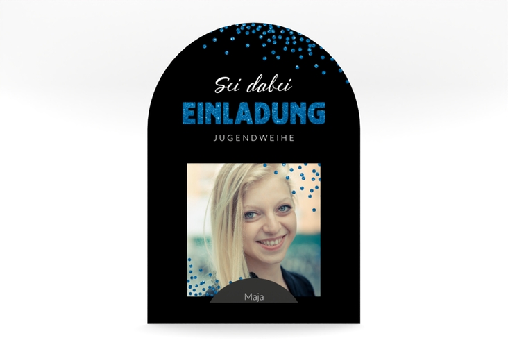 Einladungskarte Jugendweihe Glimmer mittlere Bogen-Karte + Foto blau