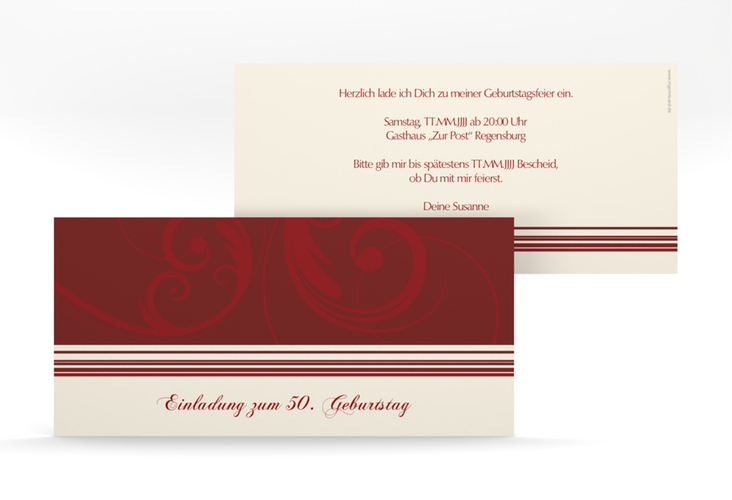 Einladung 50. Geburtstag Katharina lange Karte quer rot hochglanz