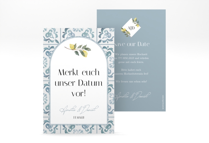 Save the Date-Karte Azulejo A6 Karte hoch blau hochglanz mit mediterranem Azulejo-Muster und Zitronen