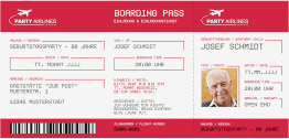 Klick: Details zu Einladung 80. Geburtstag "Boardingpass" anzeigen Einladung 80. Geburtstag Boardingpass lange Karte quer rot