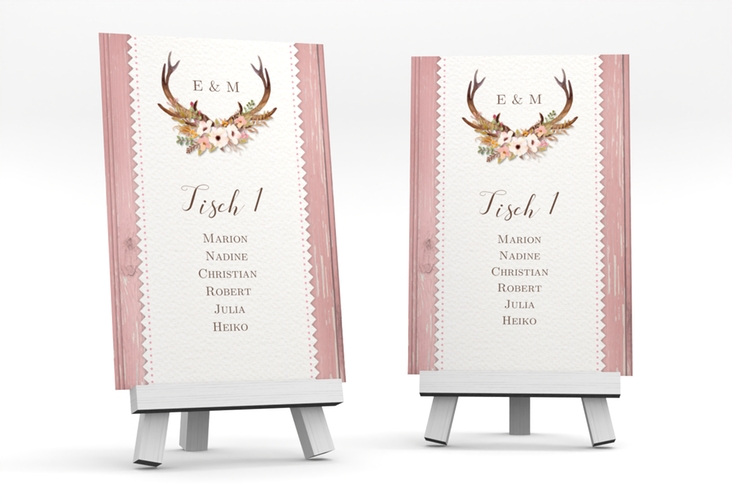 Tischaufsteller Hochzeit Heimatjuwel Tischaufsteller rosa mit Hirschgeweih und Holz-Hintergrund