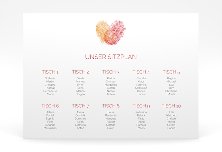 Sitzplan Poster Hochzeit Fingerprint 70 x 50 cm Poster rot schlicht mit Fingerabdruck-Motiv