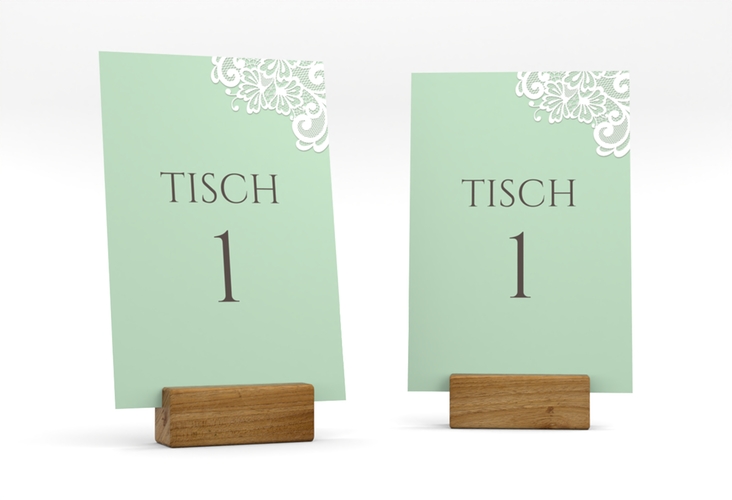 Tischnummer Hochzeit Vintage Tischaufsteller mint mit floraler Spitze