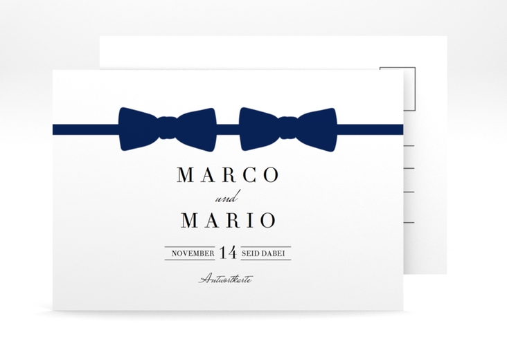 Antwortkarte Hochzeit Suits A6 Postkarte blau hochglanz