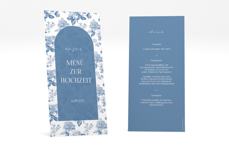 Menükarte Hochzeit Blue Floral lange Karte hoch blau mit blauem Blumenmuster auf weißem Grund