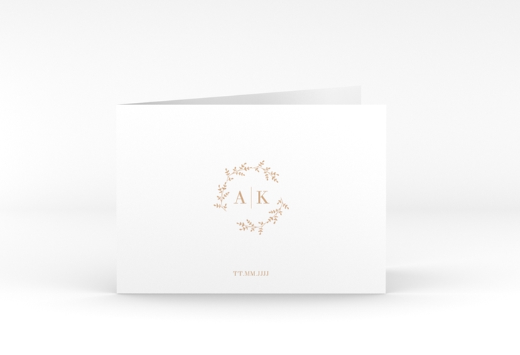 Dankeskarte Hochzeit Filigrana A6 Klappkarte quer beige hochglanz in reduziertem Design mit Initialen und zartem Blätterkranz