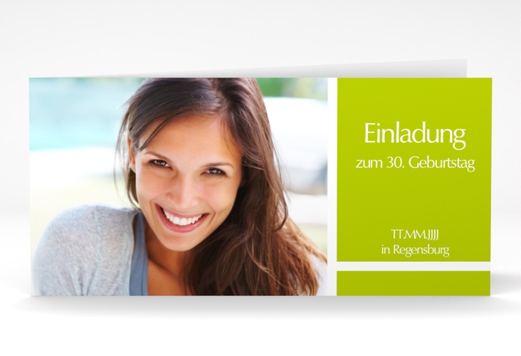 Einladung 30. Geburtstag Gerd/Gerda lange Klappkarte quer gruen mit Foto