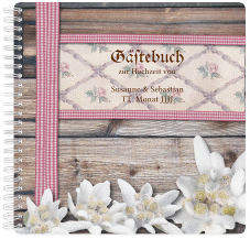 Klick: Details zu Gästebuch Hochzeit "Bayern" anzeigen Gästebuch Hochzeit Bayern Ringbindung rot mit Edelweiß in rustikaler Holz-Optik