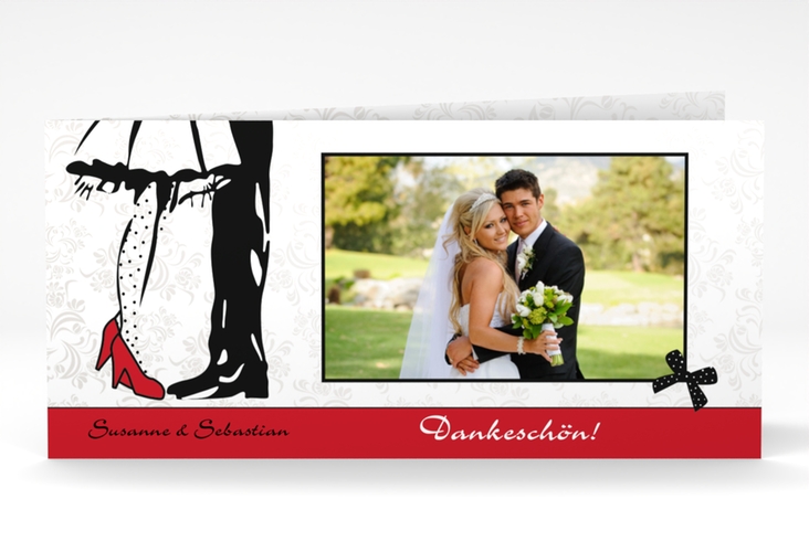 Danksagungskarte Hochzeit Straßburg lange Klappkarte quer rot hochglanz mit Rockabilly-Brautpaar