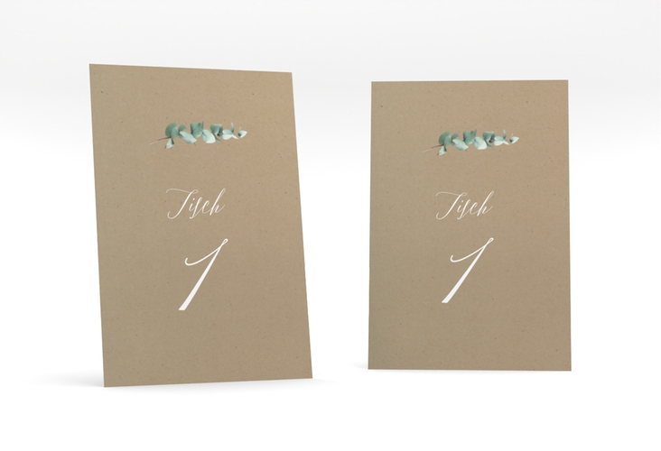 Tischnummer Hochzeit Silverleaf Tischaufsteller Kraftpapier mit Eukalyptus-Zweig