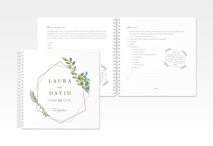 Trautagebuch Hochzeit Herbarium Trautagebuch Hochzeit rosa mit geometrischem Rahmen und Blätter-Dekor