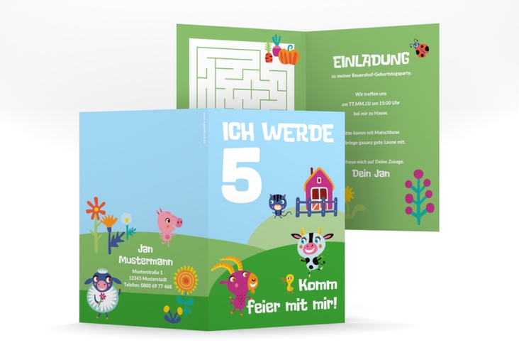 Einladungskarte Kindergeburtstag Bauernhof A6 Klappkarte hoch mit Tieren von der Farm