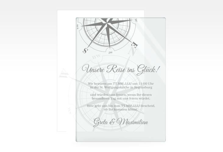 Acryl-Hochzeitseinladung Windrose Acrylkarte + Deckblatt hoch grau hochglanz