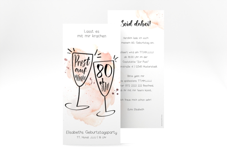 Einladung 80. Geburtstag Sektgläser lange Karte hoch mit zwei Champagner-Gläsern auf Aquarell-Hintergrund