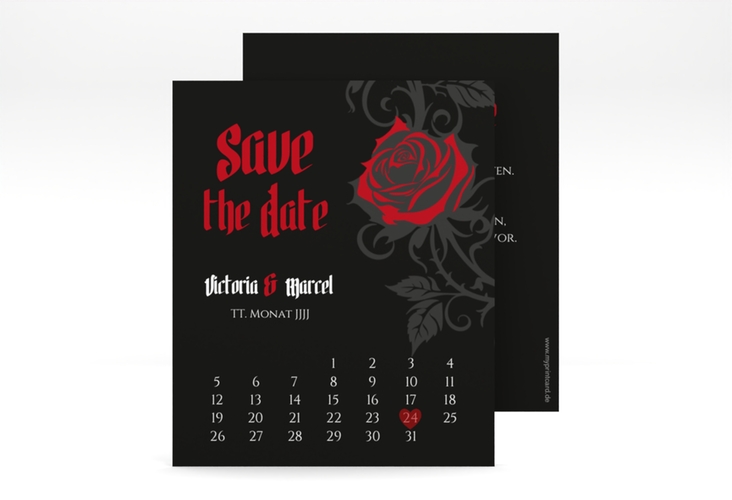 Save the Date-Kalenderblatt Red Rose Kalenderblatt-Karte schwarz